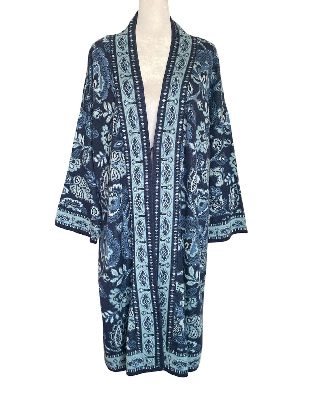 NWT Soft Surroundings Angel Falls Embroidered Duster Cardigan Blue Large